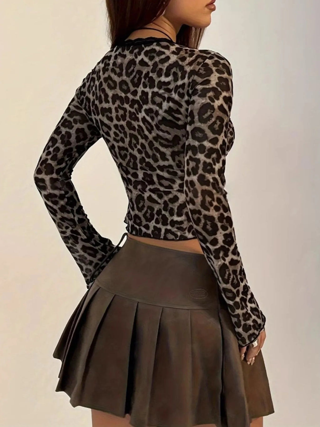Leopard Print Long Sleeve Tie-Front Top - Aura Apparel