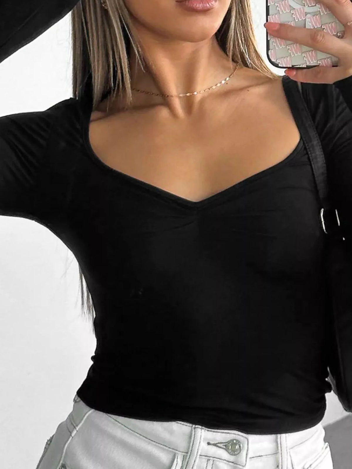 Long Sleeve Sweetheart Neck Crop T-Shirt - Aura Apparel