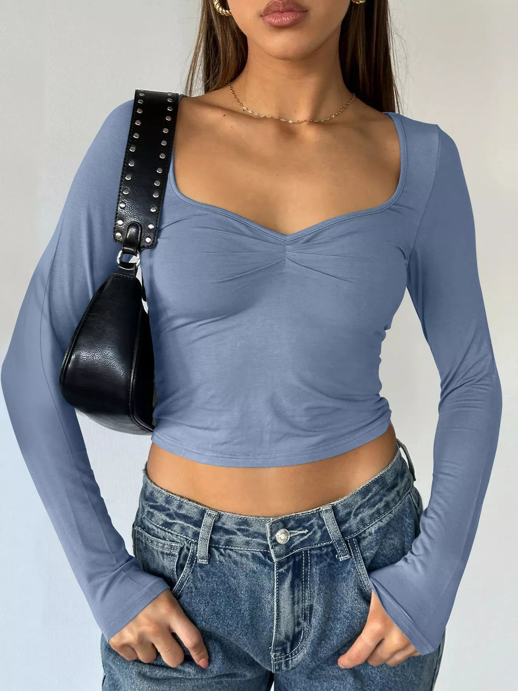 Long Sleeve Sweetheart Neck Crop T-Shirt - Aura Apparel