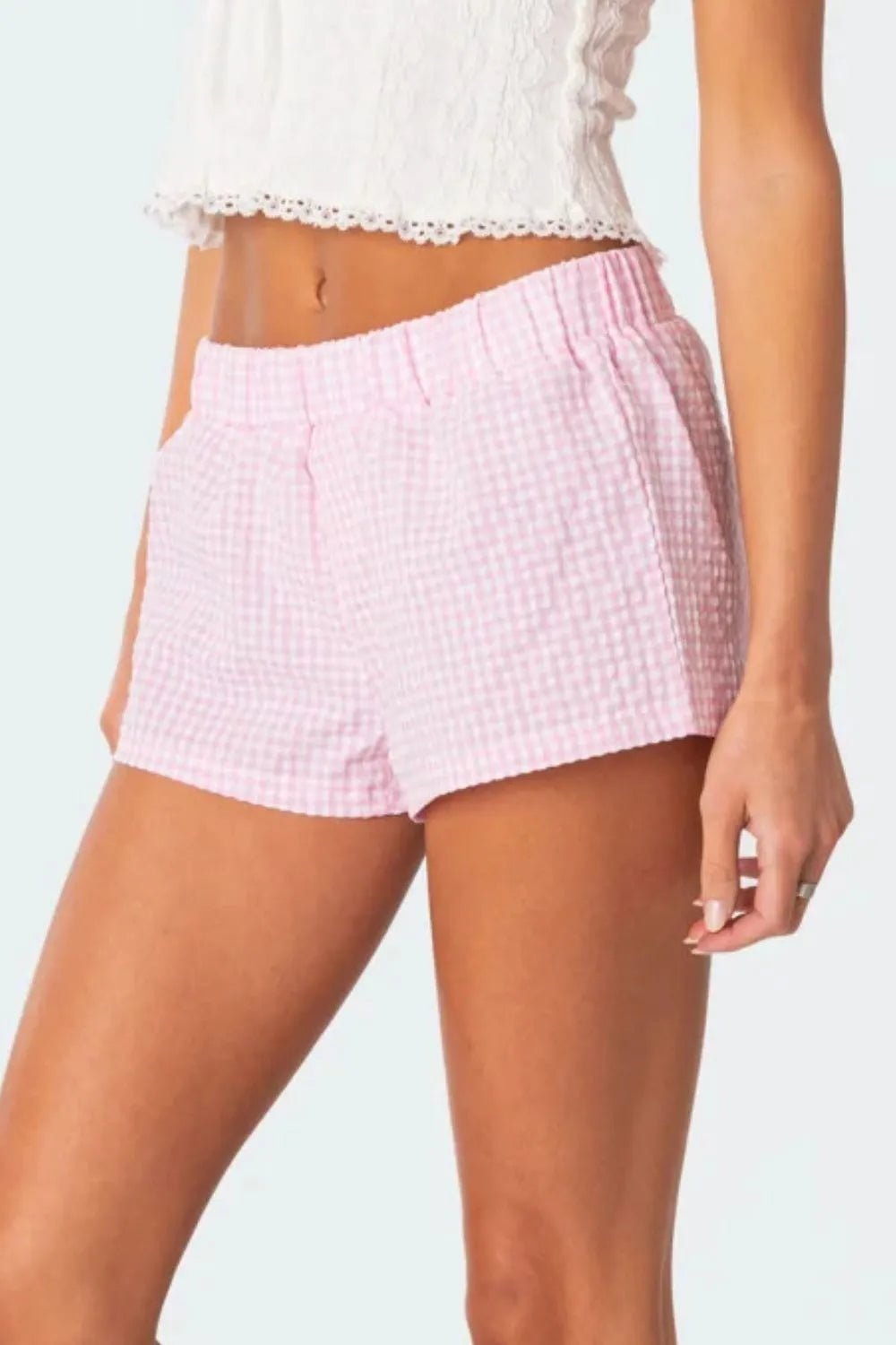 Plaid Elastic Waist Shorts - Aura Apparel
