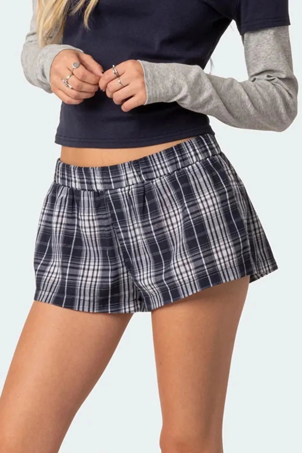Plaid Elastic Waist Shorts - Aura Apparel