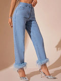 Plush Hem High Rise Straight Jeans - Aura Apparel