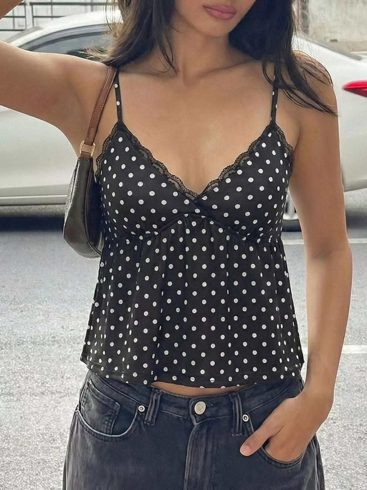 Polka Dot Lace Trim Cami - Aura Apparel
