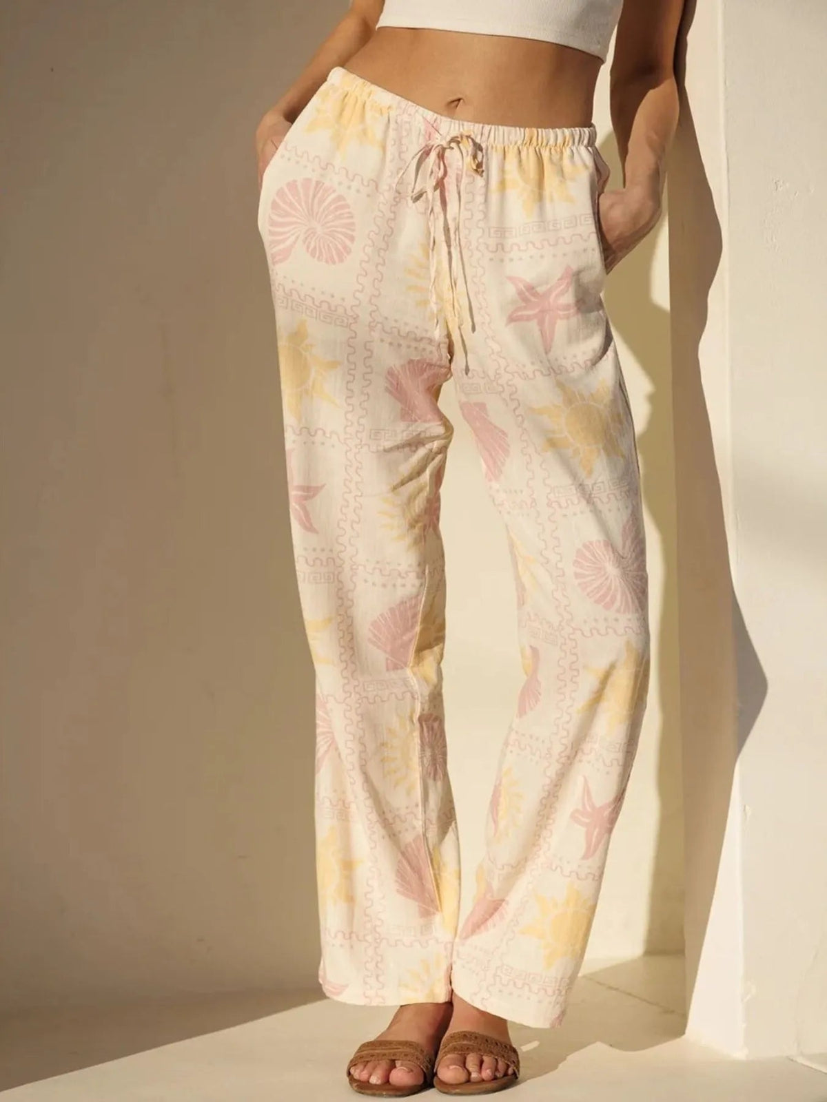 Printed Drawstring Straight Pants - Aura Apparel