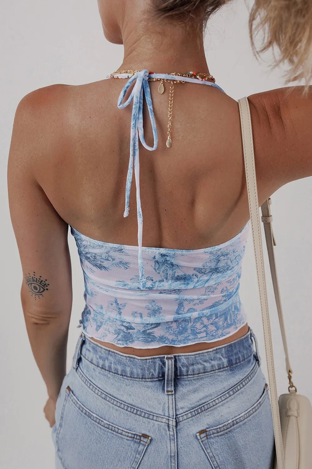 Printed Mesh Bow Detail Halter Neck Tank Top - Aura Apparel