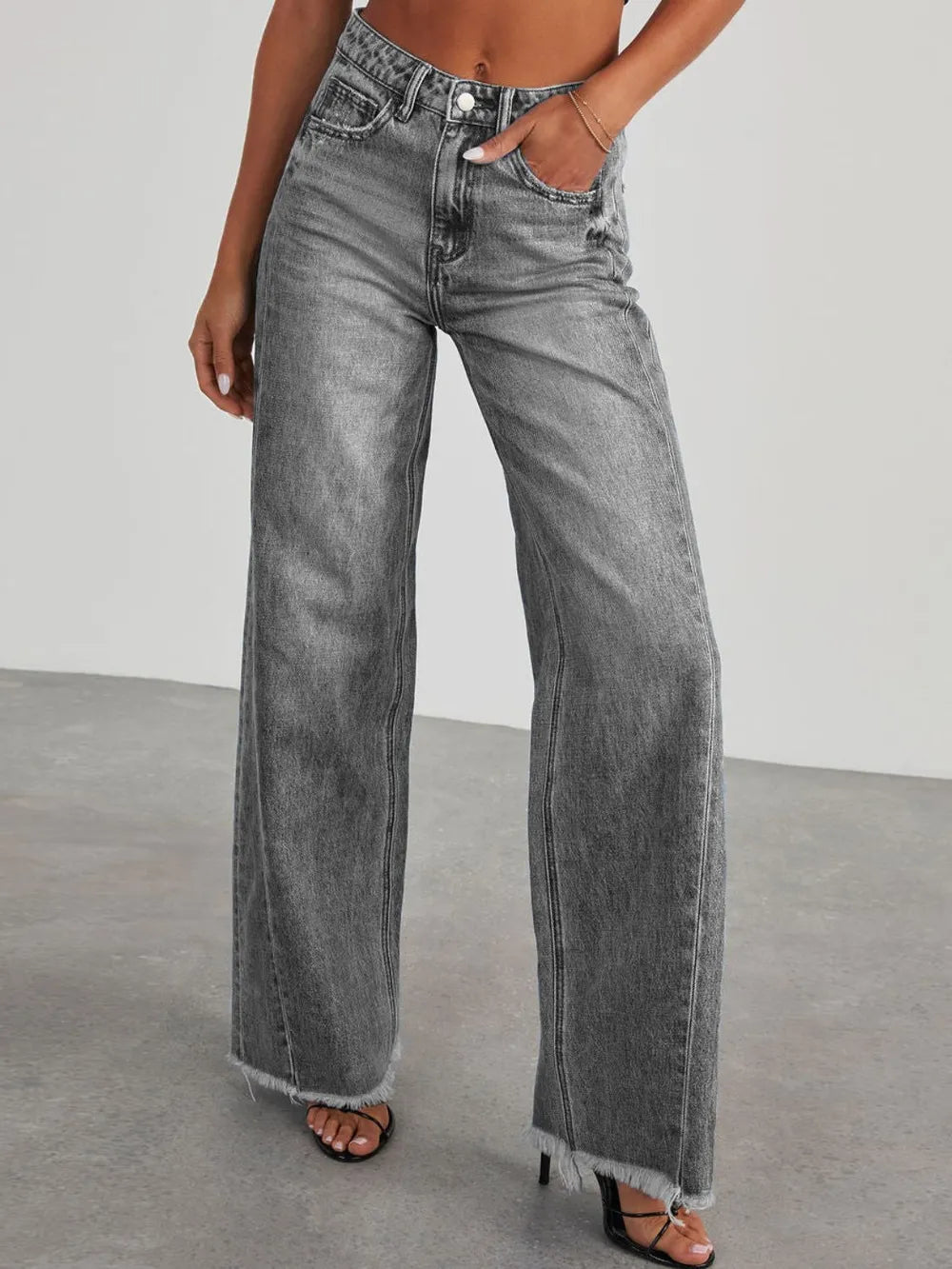 Raw Hem Wide Leg Jeans with Pockets - Aura Apparel