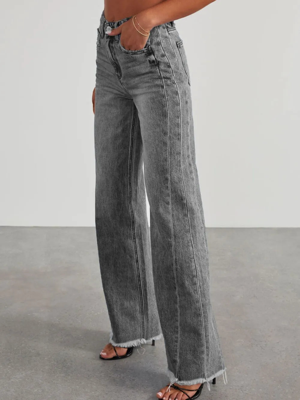 Raw Hem Wide Leg Jeans with Pockets - Aura Apparel