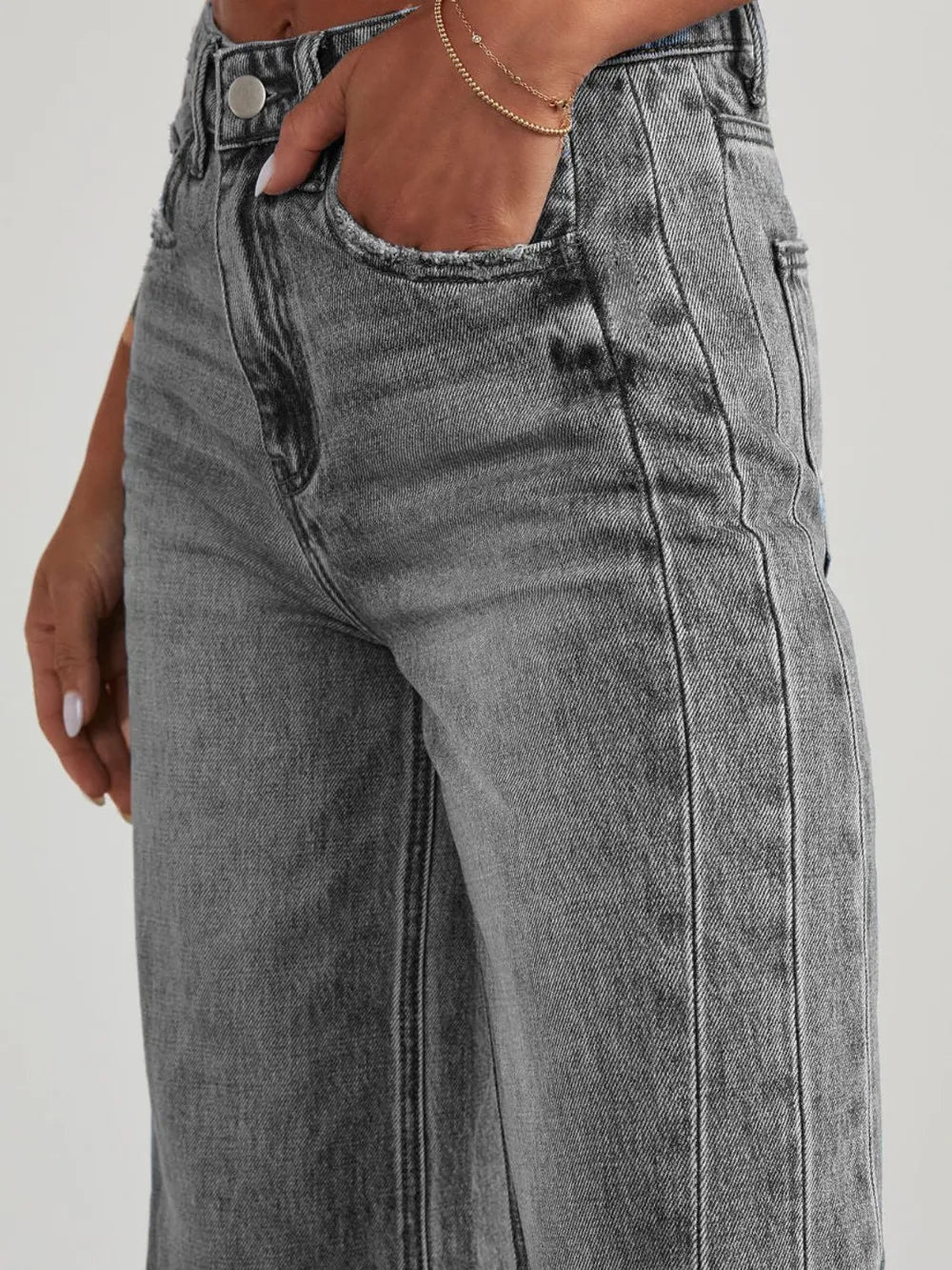 Raw Hem Wide Leg Jeans with Pockets - Aura Apparel