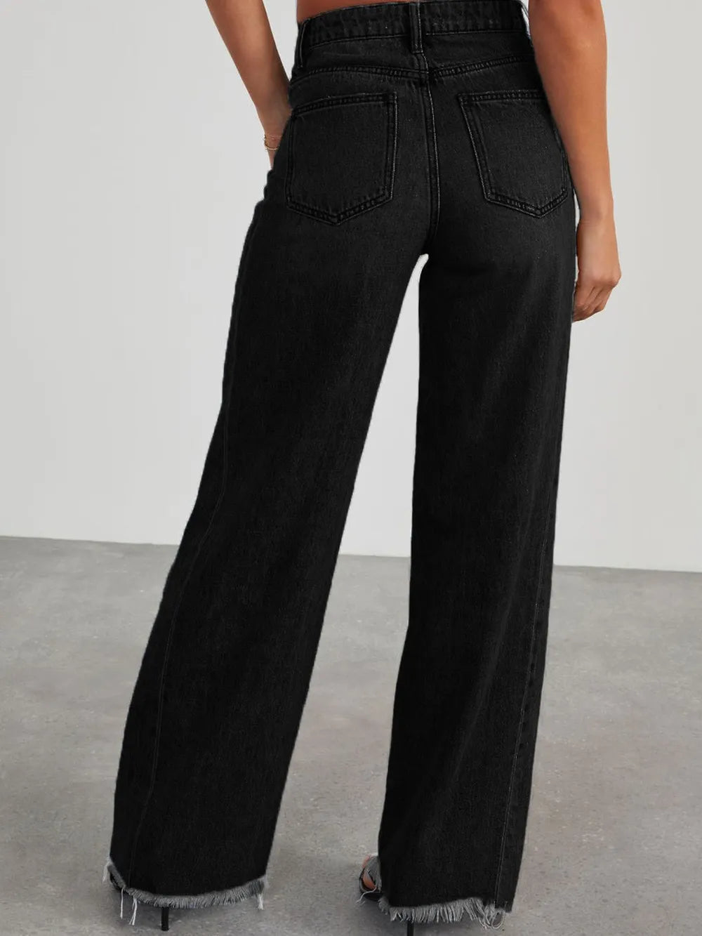 Raw Hem Wide Leg Jeans with Pockets - Aura Apparel