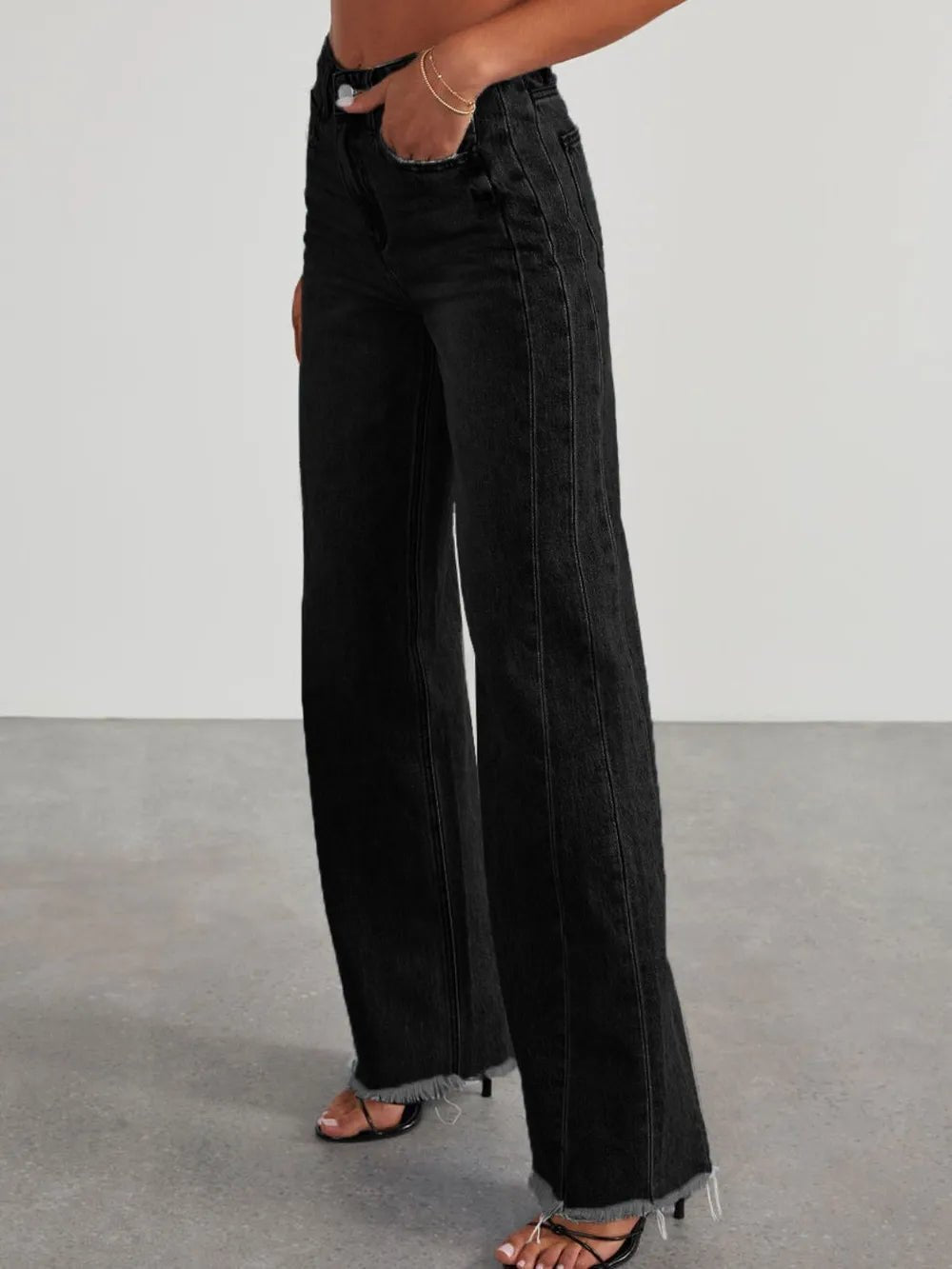 Raw Hem Wide Leg Jeans with Pockets - Aura Apparel