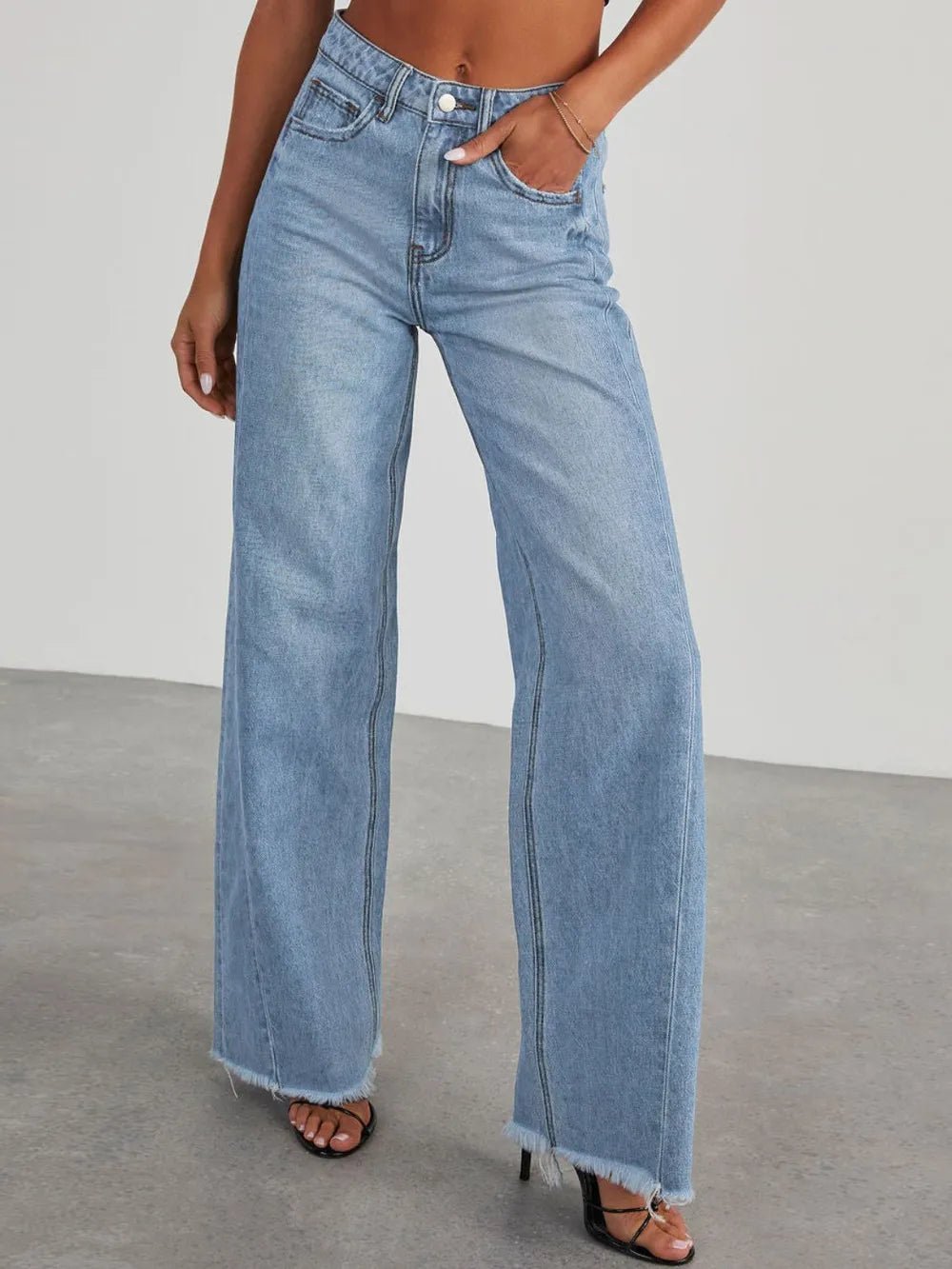 Raw Hem Wide Leg Jeans with Pockets - Aura Apparel