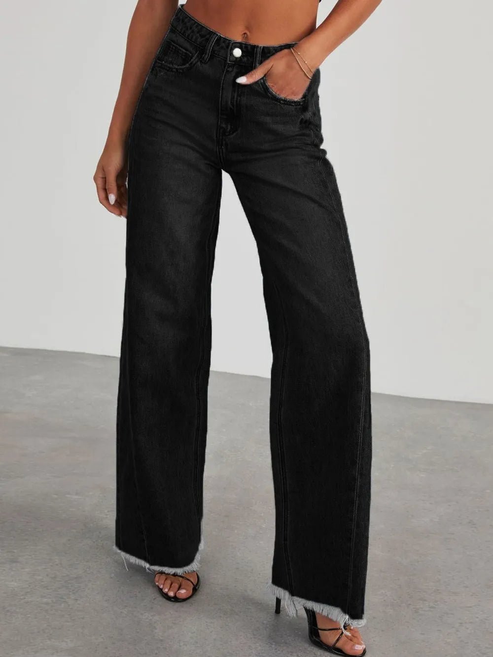 Raw Hem Wide Leg Jeans with Pockets - Aura Apparel