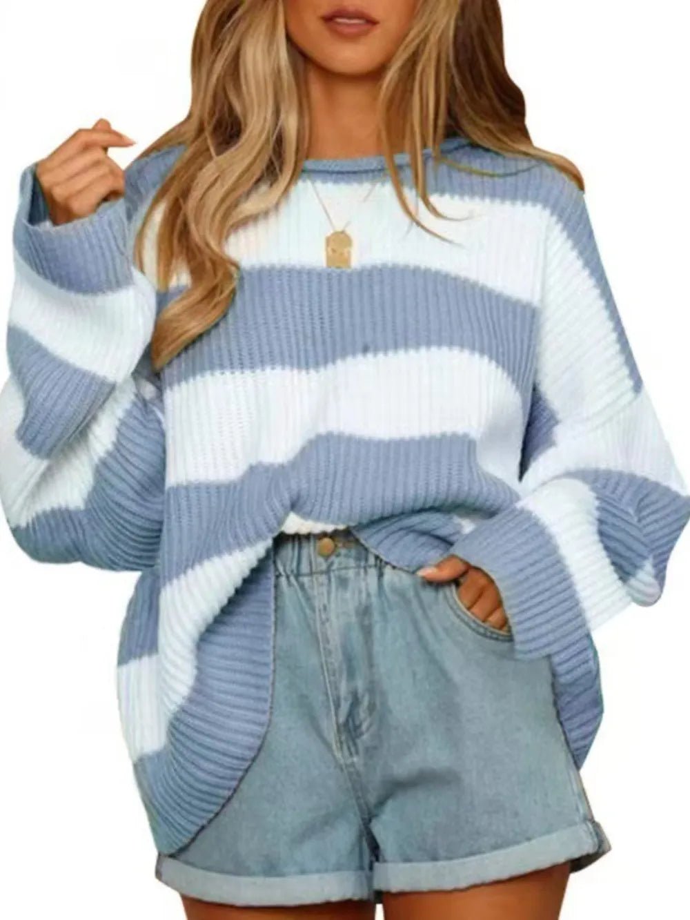 Round Neck Long Sleeve Sweater - Aura Apparel