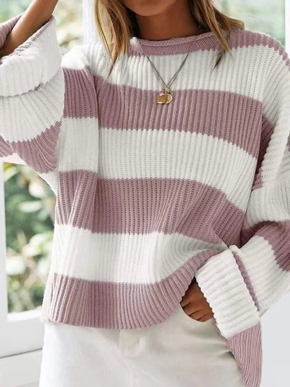 Round Neck Long Sleeve Sweater - Aura Apparel