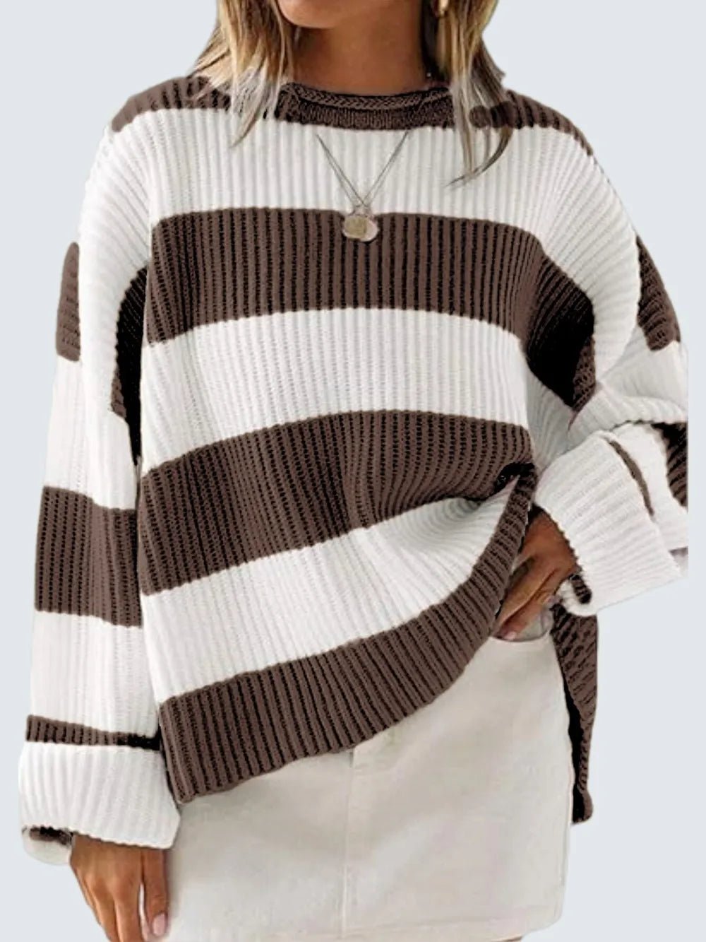 Round Neck Long Sleeve Sweater - Aura Apparel