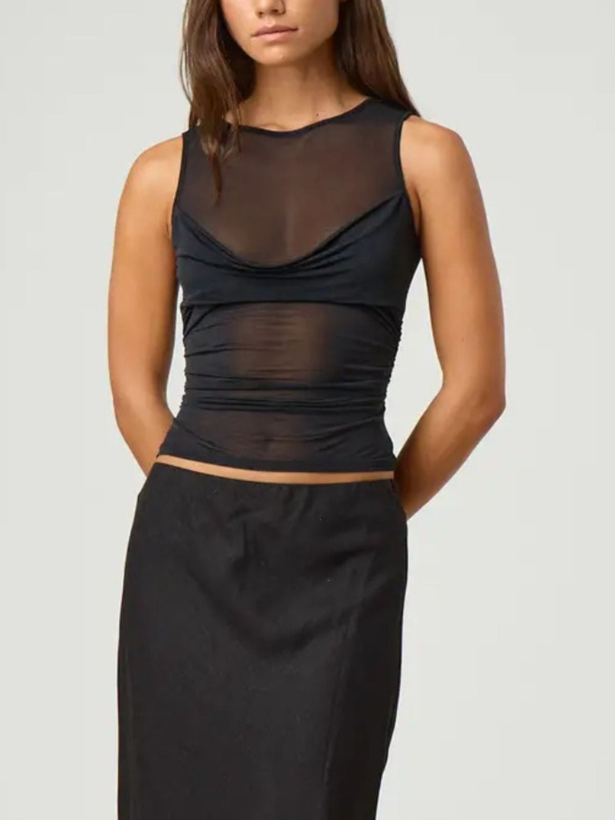Ruched Sheer Round Neck Tank - Aura Apparel