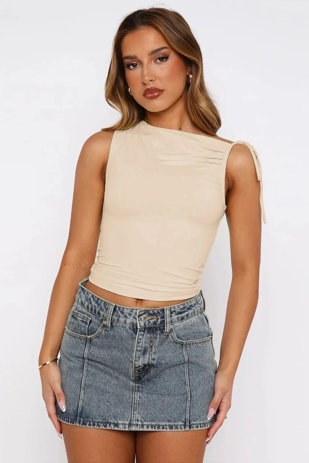 Ruched Tied Solid Color Tank - Aura Apparel