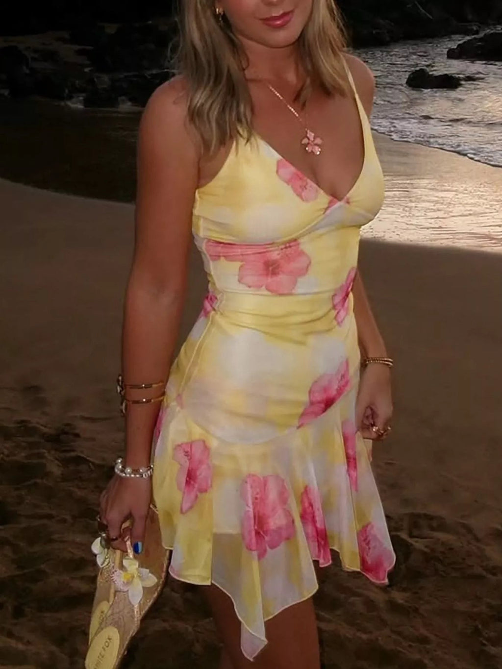 Sheer Floral Print Sleeveless Asymmetrical Mini Dress - Aura Apparel