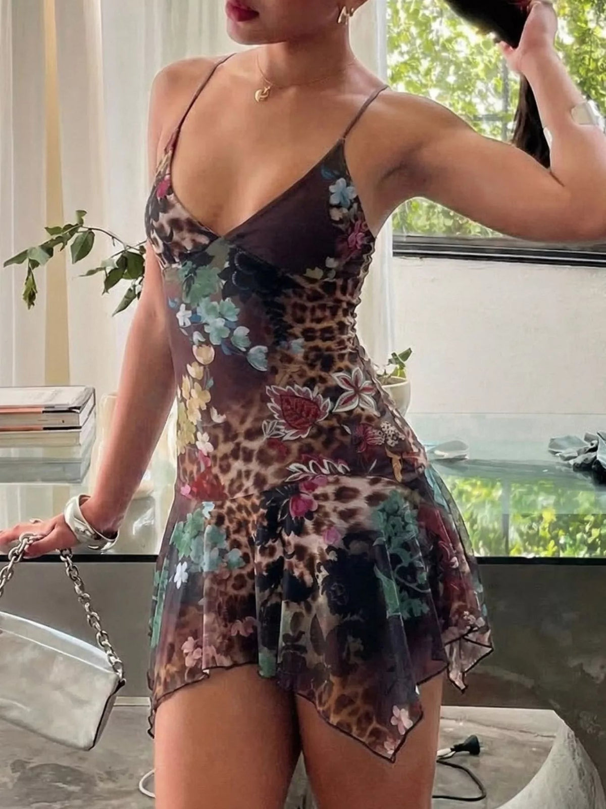 Sheer Floral Print Sleeveless Asymmetrical Mini Dress - Aura Apparel