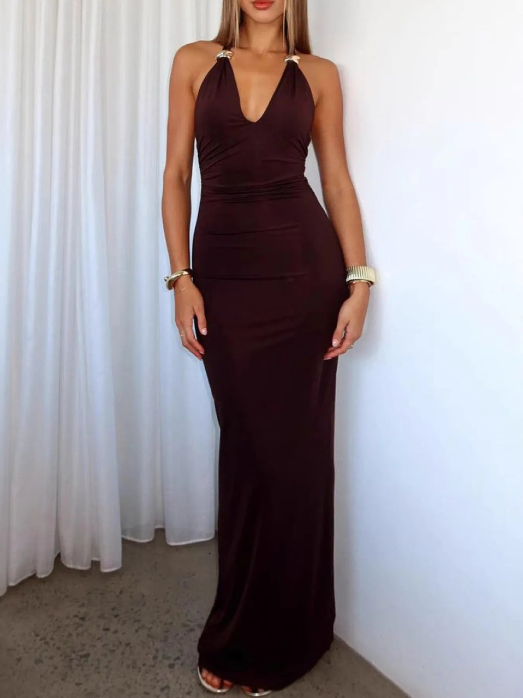 Slit Back Halter Neck Maxi Dress - Aura Apparel
