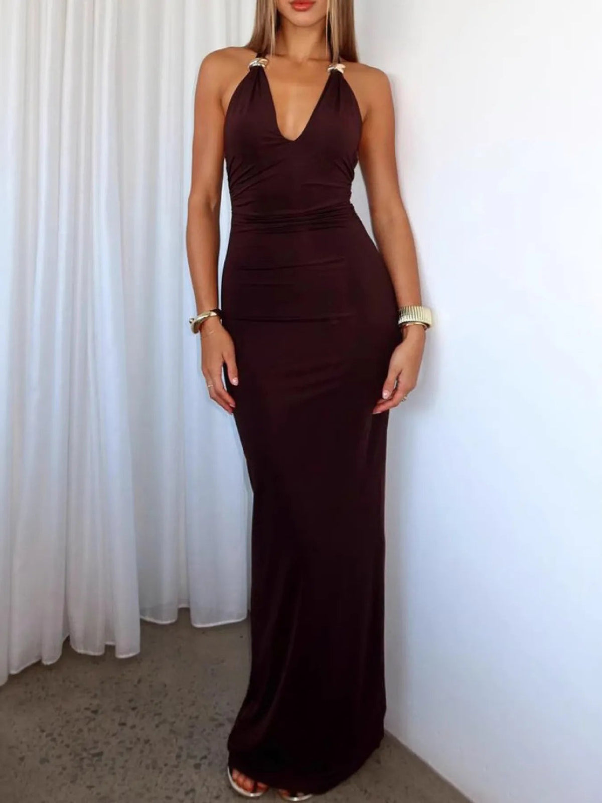 Slit Back Halter Neck Maxi Dress - Aura Apparel