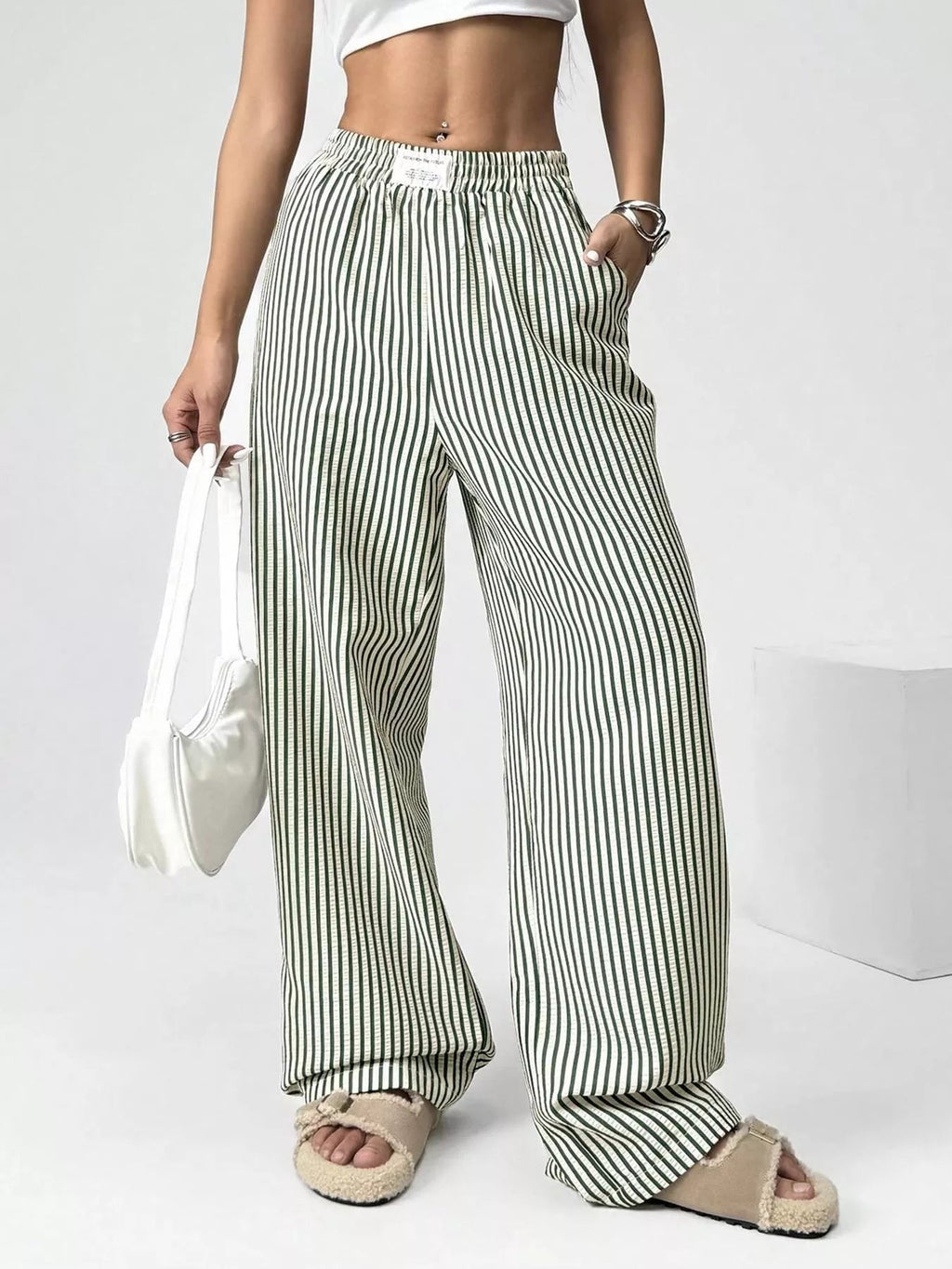 Striped High-Waisted Wide Leg Pants - Aura Apparel