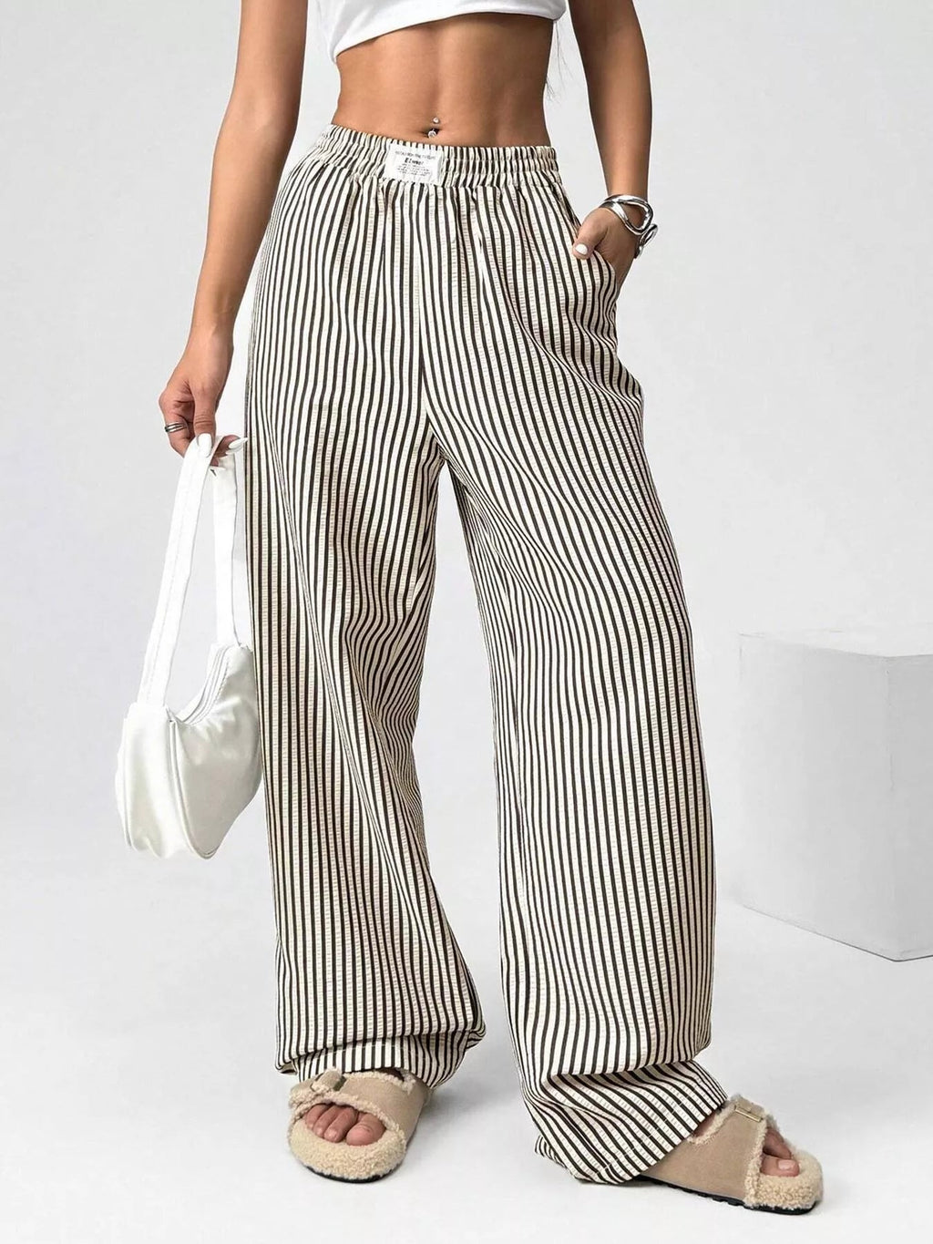 Striped High-Waisted Wide Leg Pants - Aura Apparel