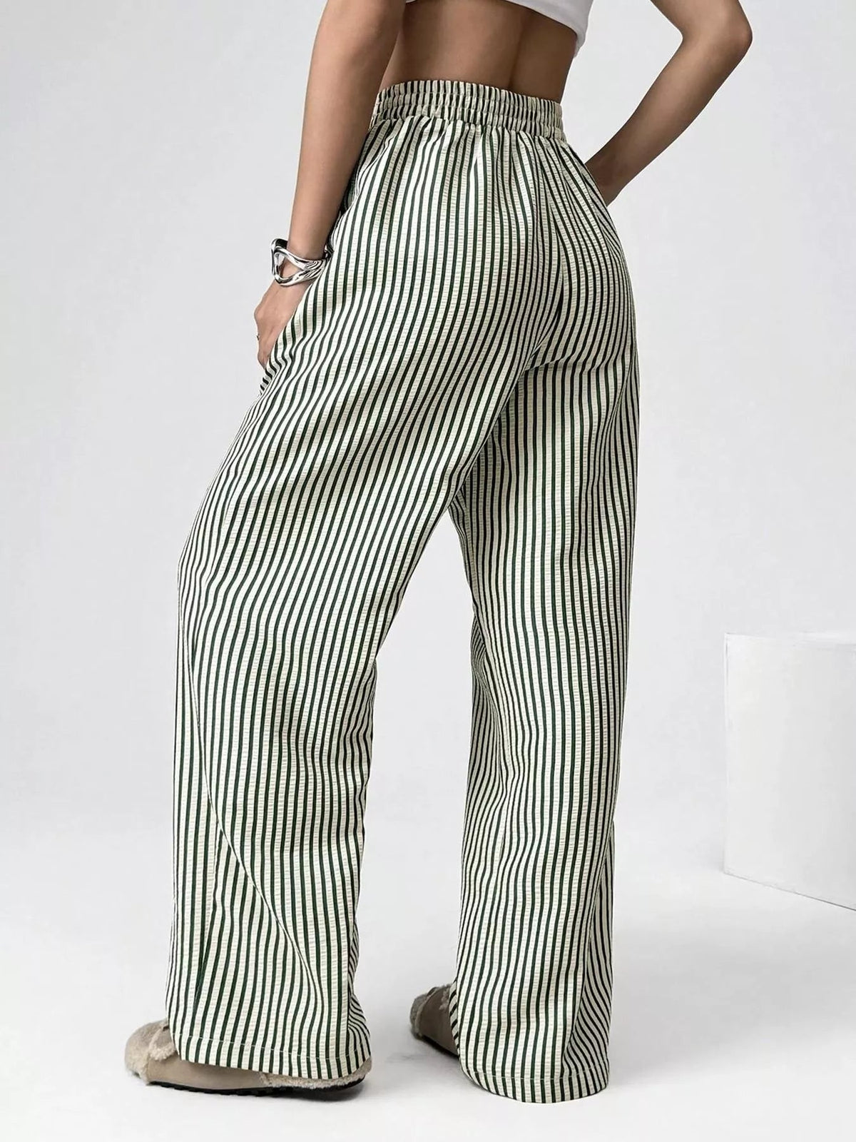 Striped High-Waisted Wide Leg Pants - Aura Apparel