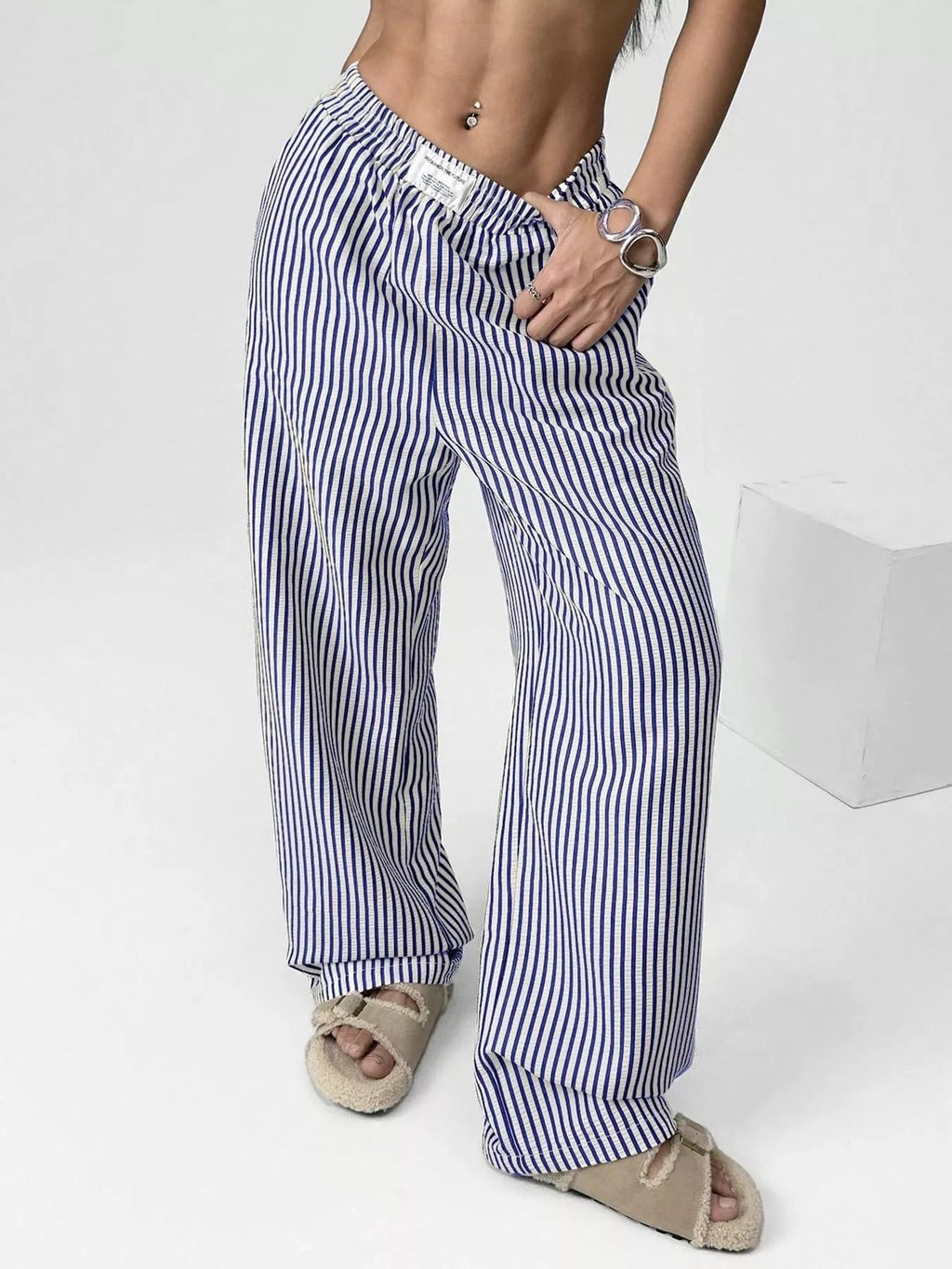 Striped High-Waisted Wide Leg Pants - Aura Apparel