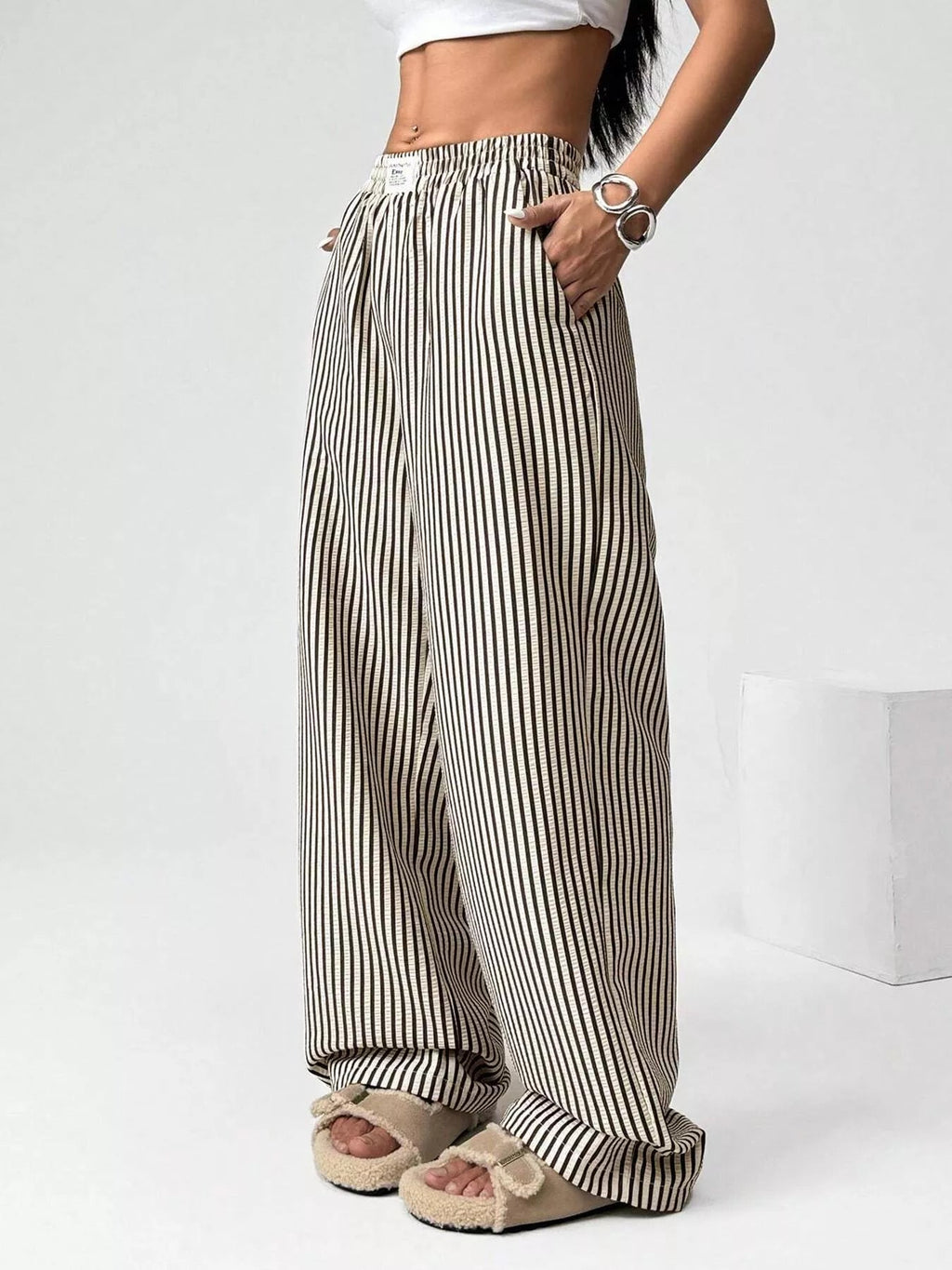Striped High-Waisted Wide Leg Pants - Aura Apparel