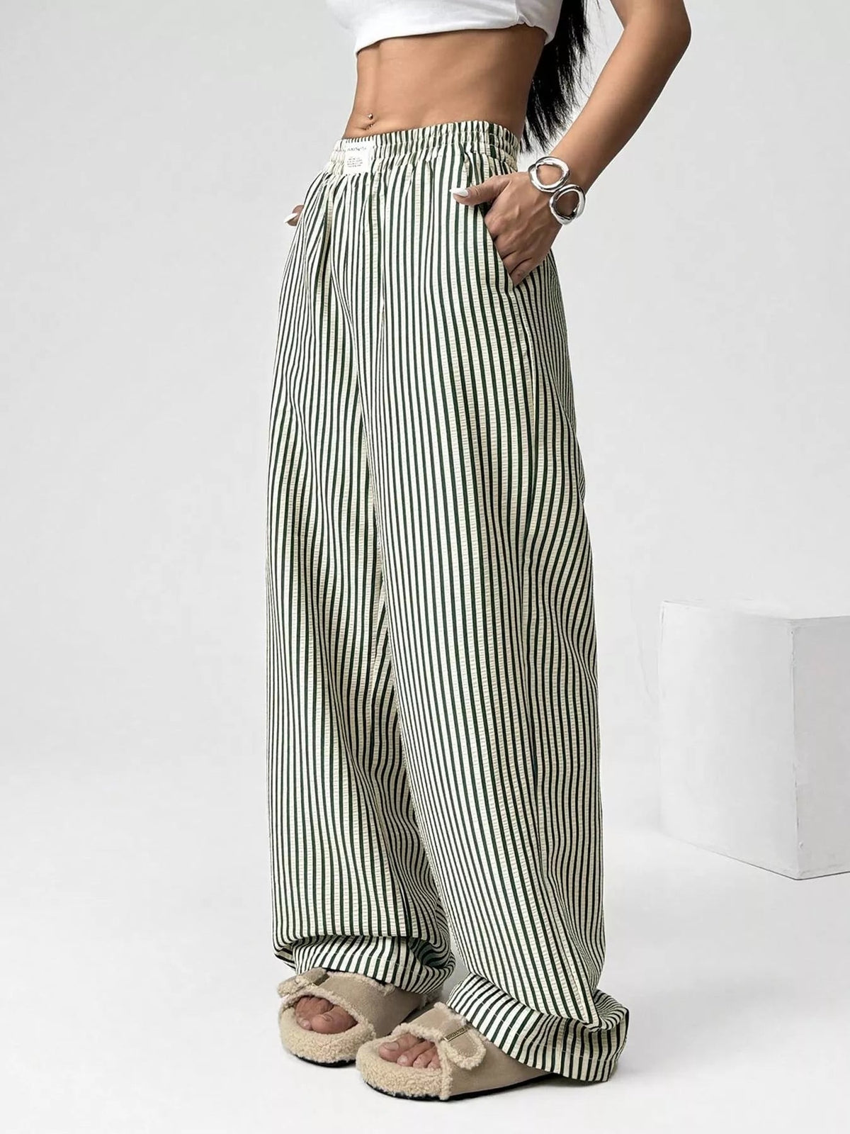 Striped High-Waisted Wide Leg Pants - Aura Apparel