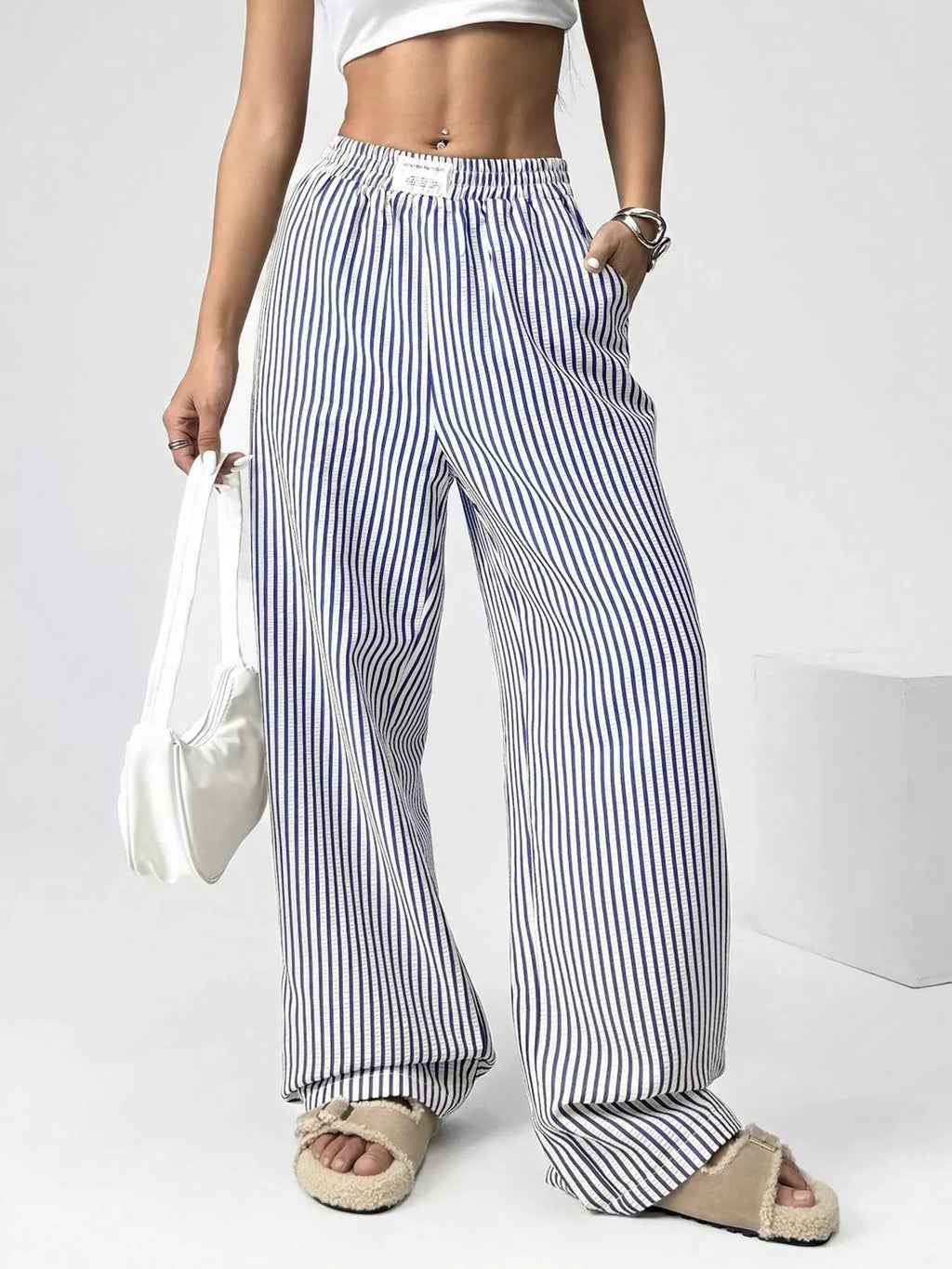 Striped High-Waisted Wide Leg Pants - Aura Apparel