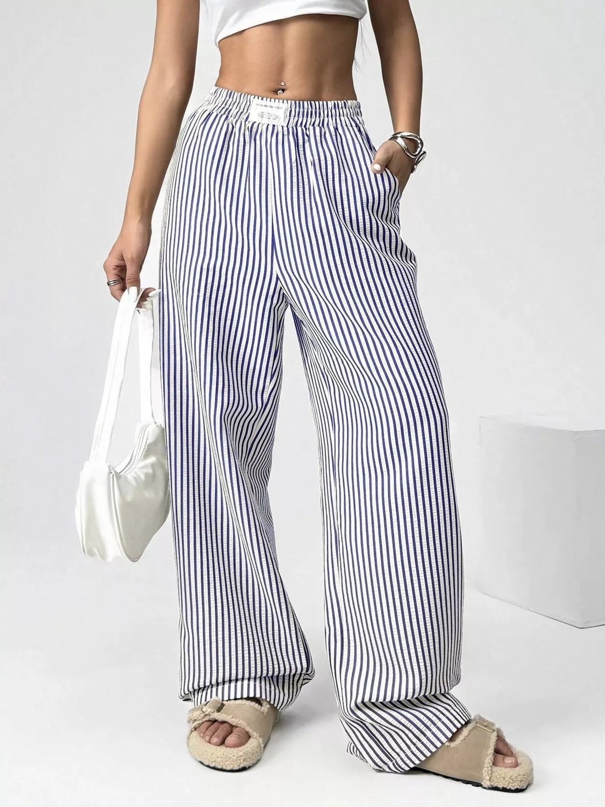 Striped High-Waisted Wide Leg Pants - Aura Apparel