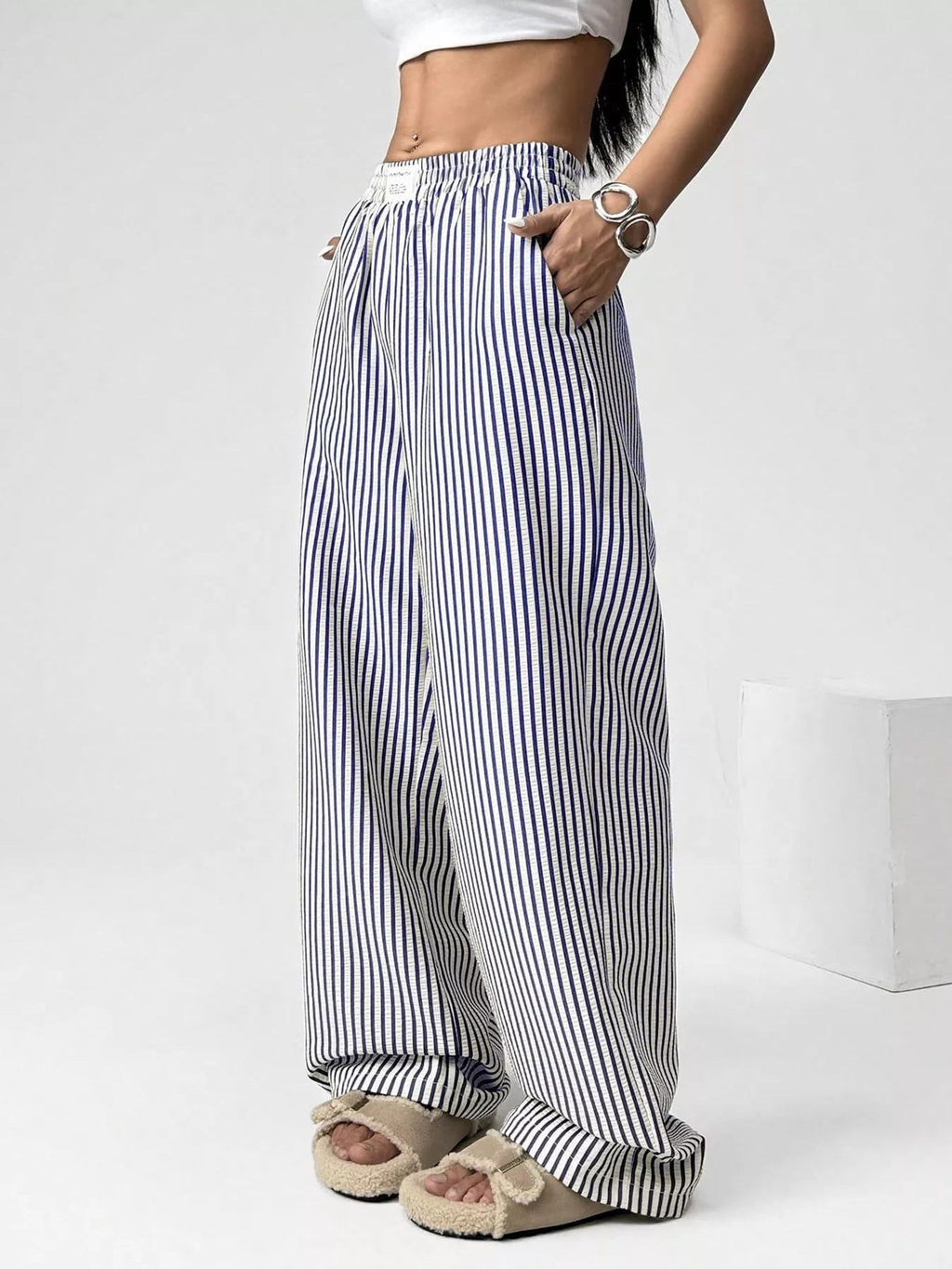 Striped High-Waisted Wide Leg Pants - Aura Apparel