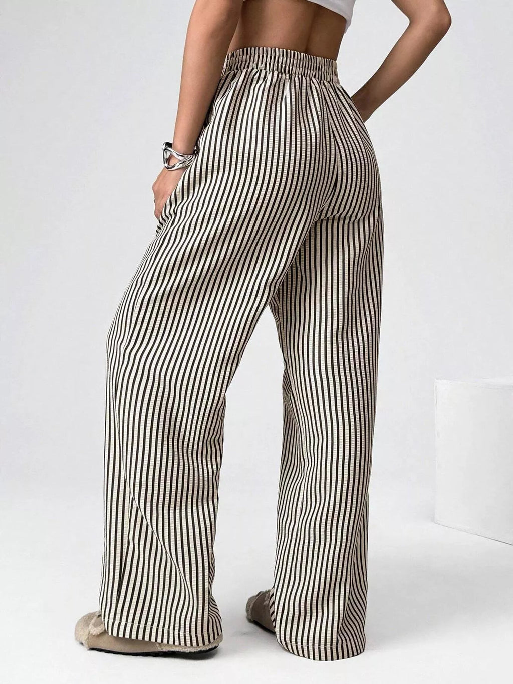 Striped High-Waisted Wide Leg Pants - Aura Apparel