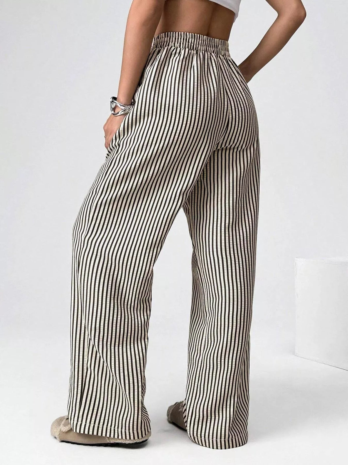 Striped High-Waisted Wide Leg Pants - Aura Apparel
