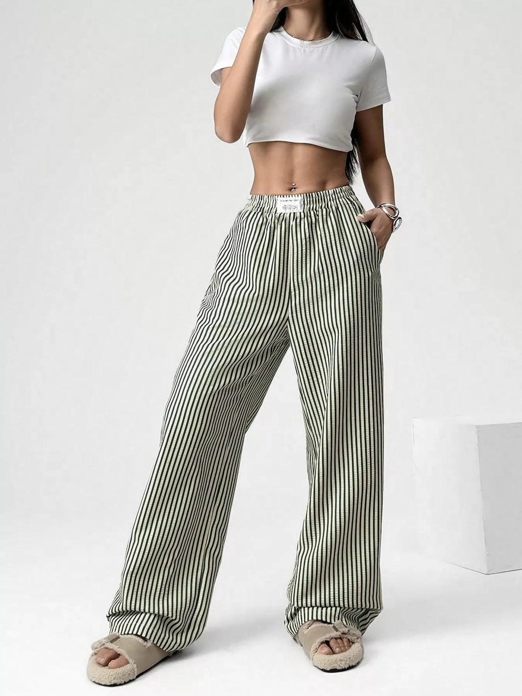 Striped High-Waisted Wide Leg Pants - Aura Apparel