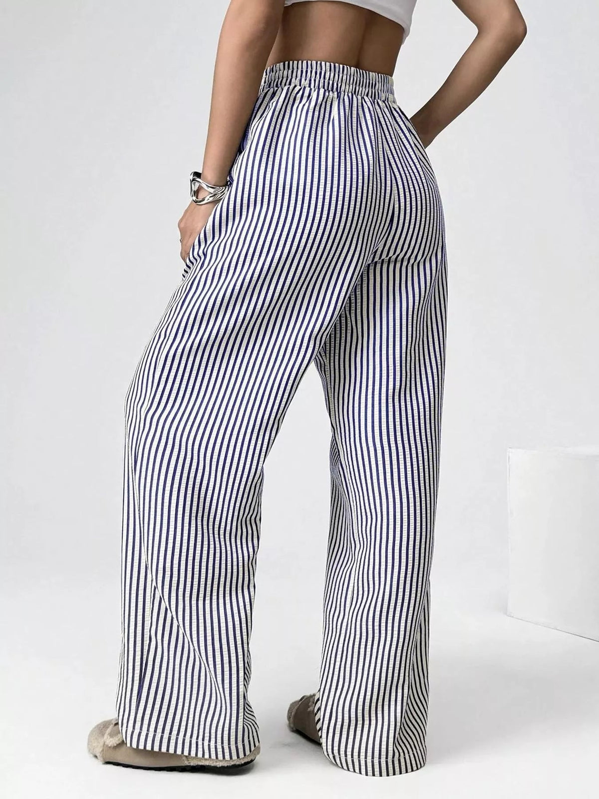 Striped High-Waisted Wide Leg Pants - Aura Apparel