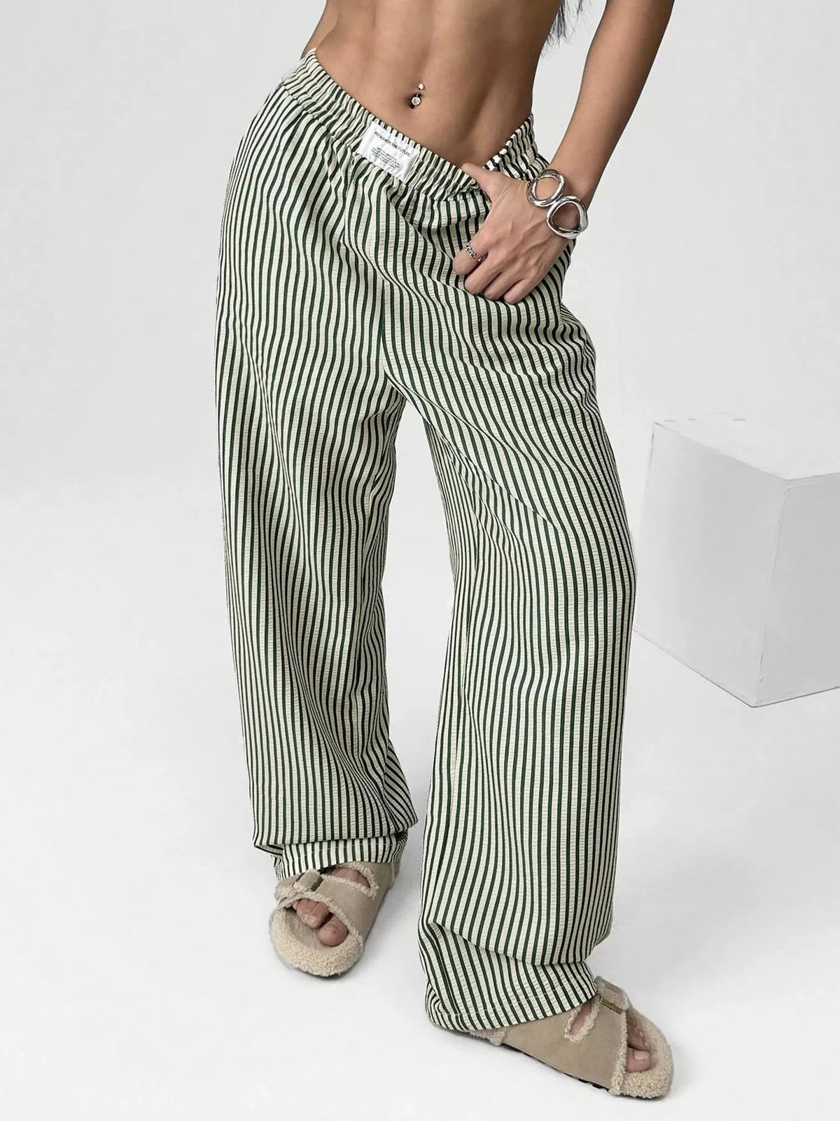 Striped High-Waisted Wide Leg Pants - Aura Apparel