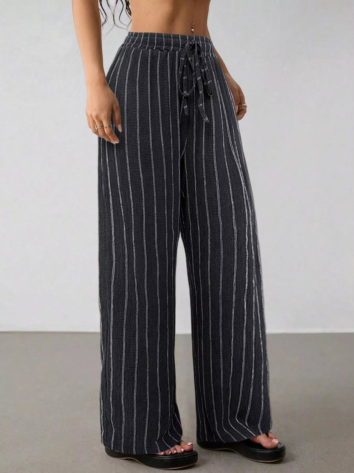 Striped Wide-Leg Drawstring Pants - Aura Apparel