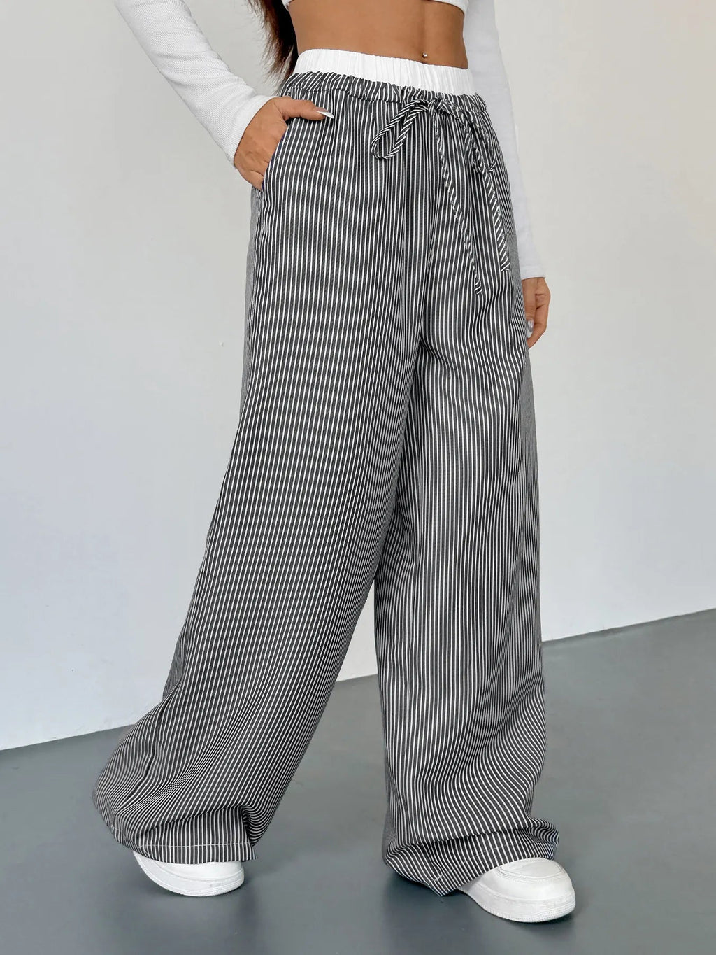 Striped Wide Leg Drawstring Pants - Aura Apparel