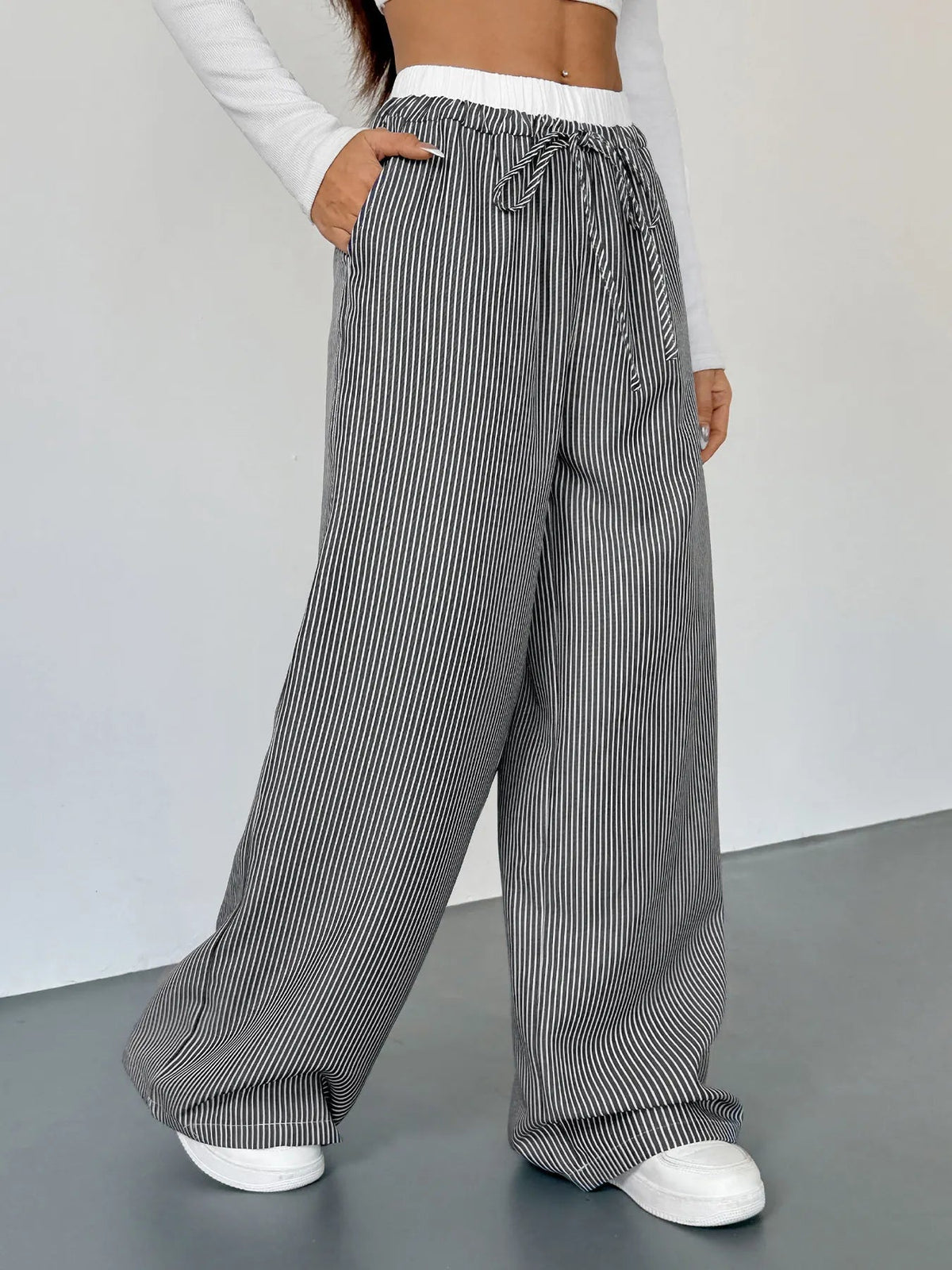 Striped Wide Leg Drawstring Pants - Aura Apparel