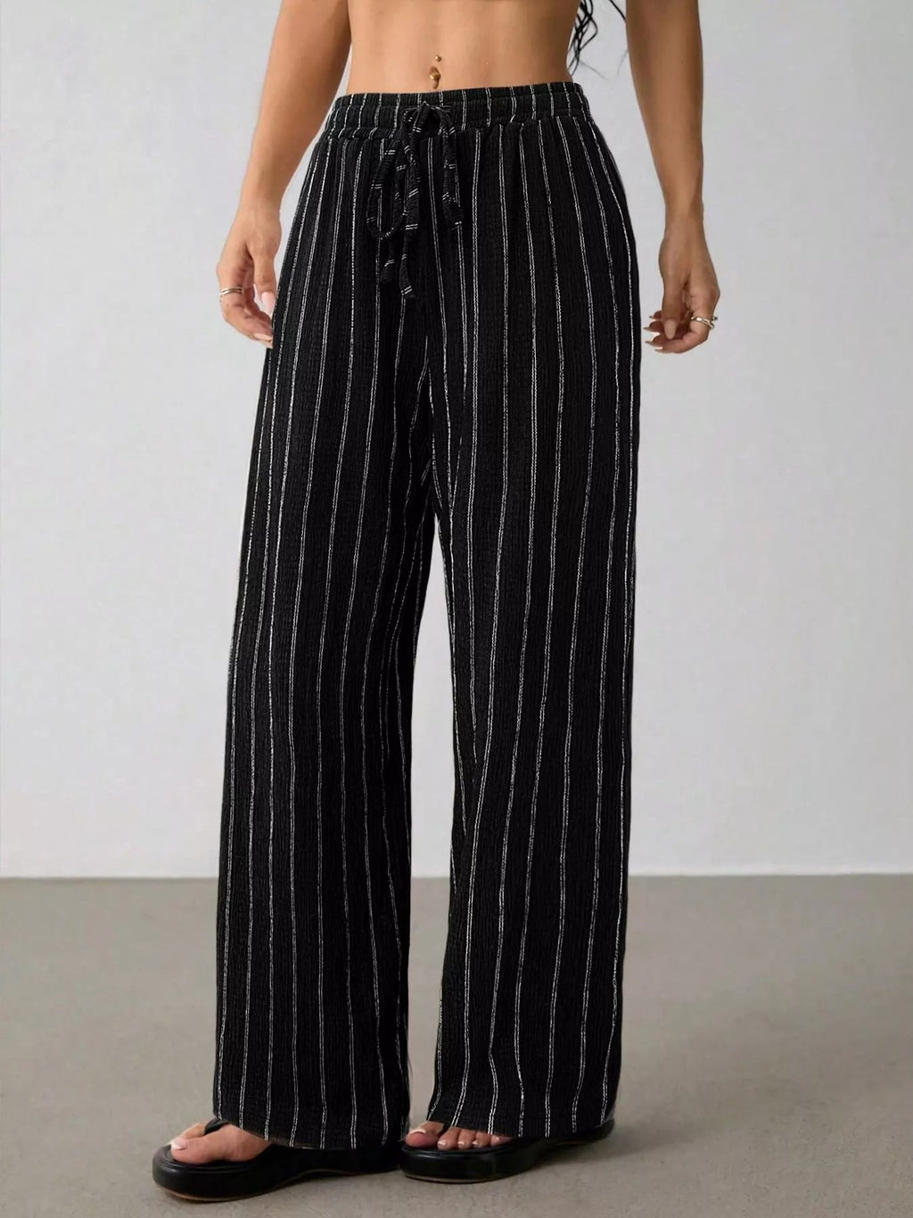 Striped Wide-Leg Drawstring Pants - Aura Apparel