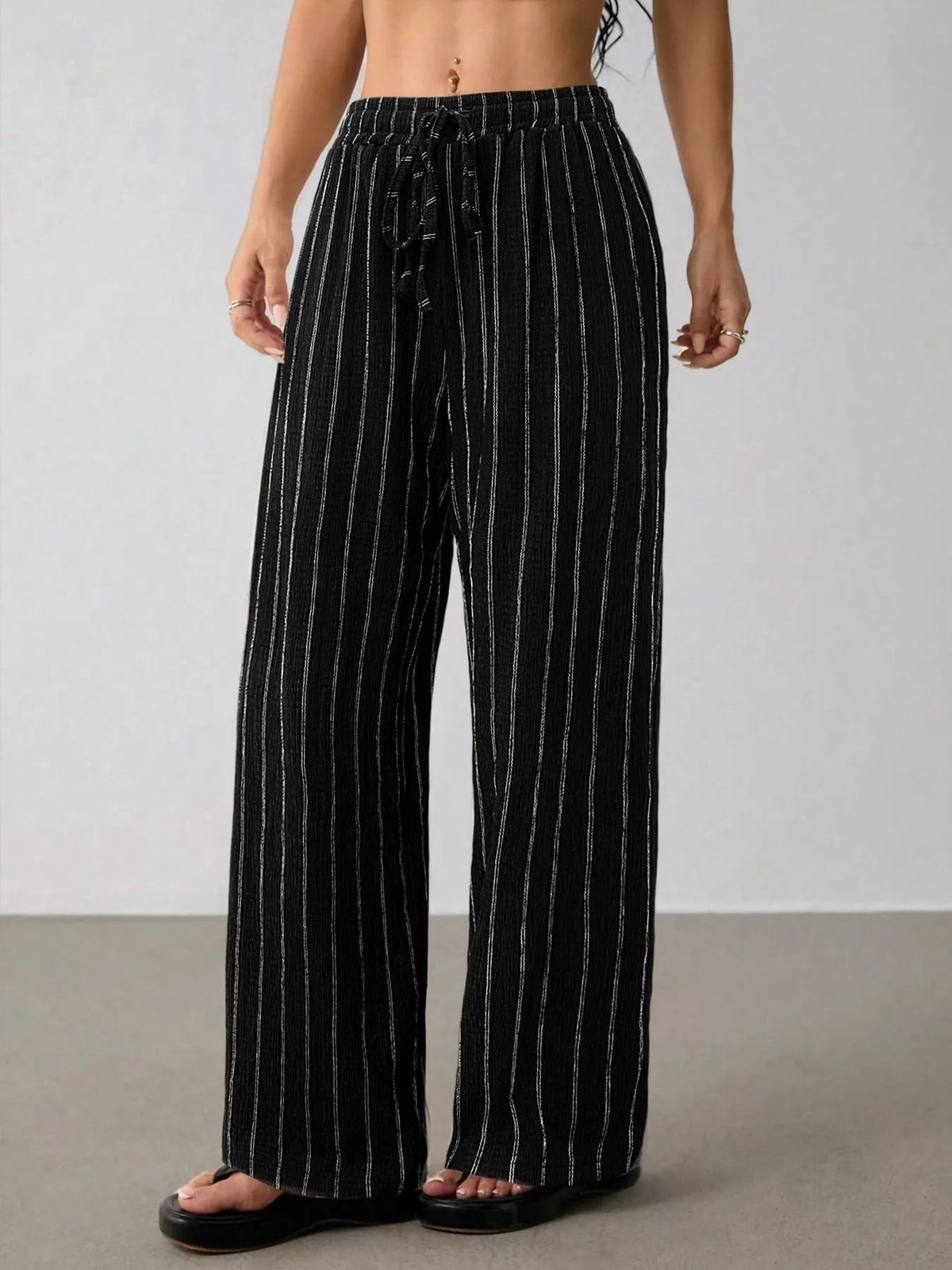 Striped Wide-Leg Drawstring Pants - Aura Apparel
