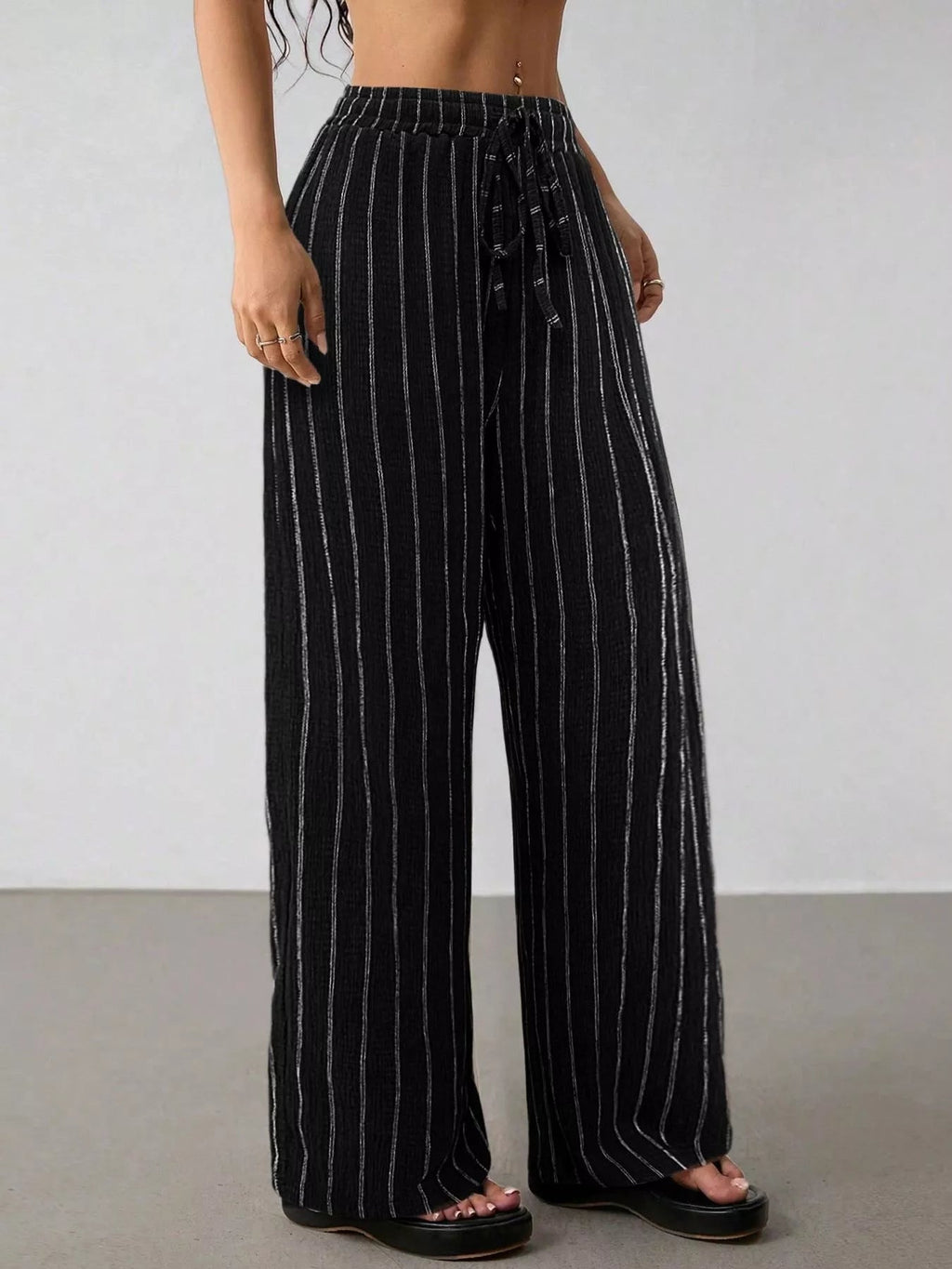Striped Wide-Leg Drawstring Pants - Aura Apparel