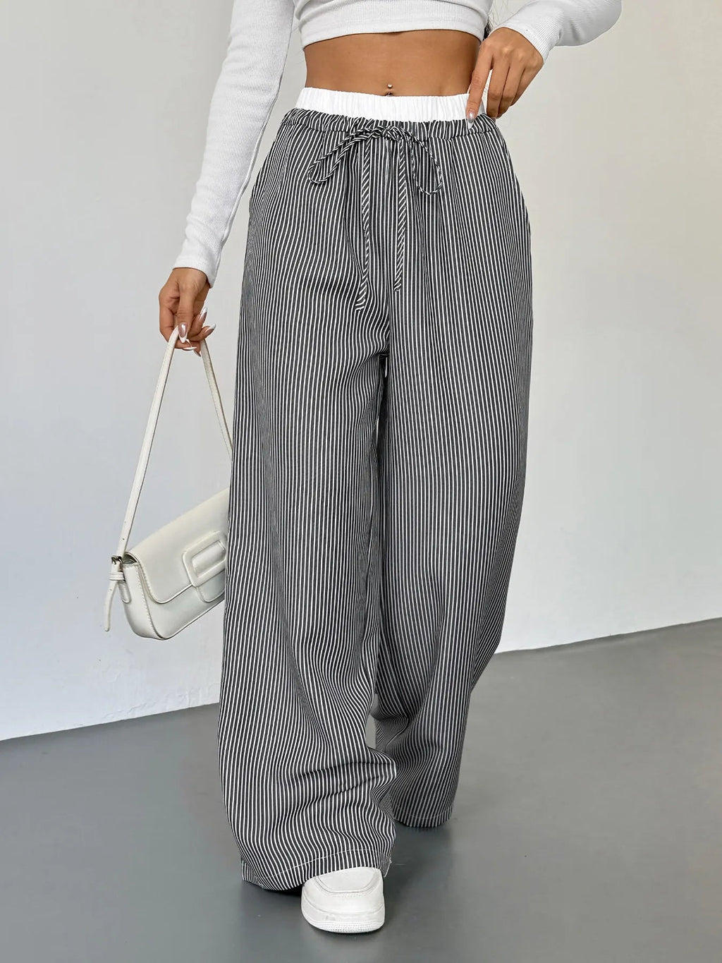 Striped Wide Leg Drawstring Pants - Aura Apparel