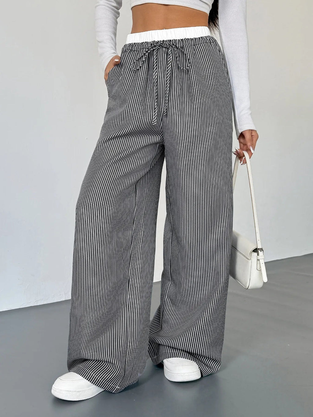 Striped Wide Leg Drawstring Pants - Aura Apparel