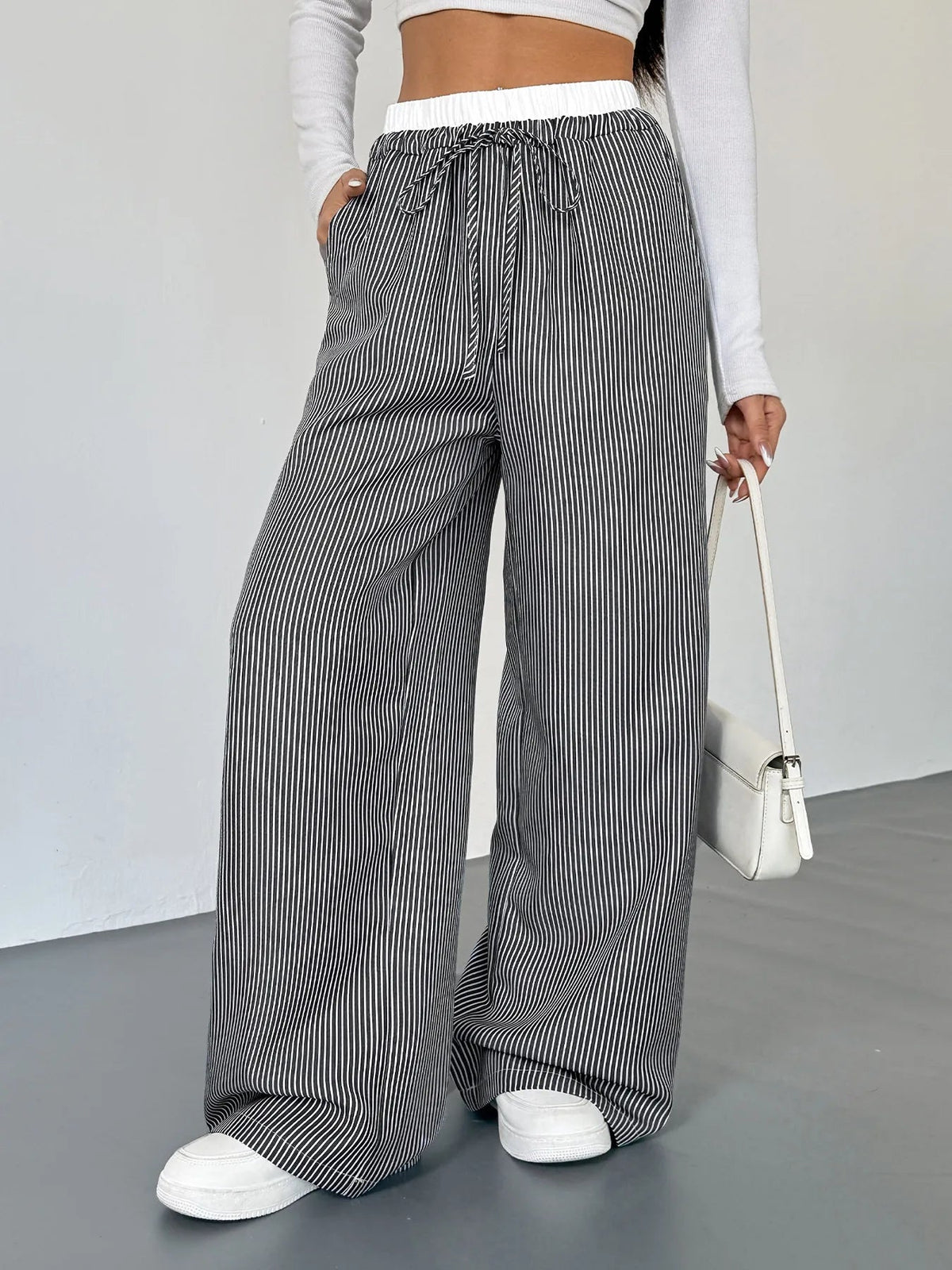 Striped Wide Leg Drawstring Pants - Aura Apparel
