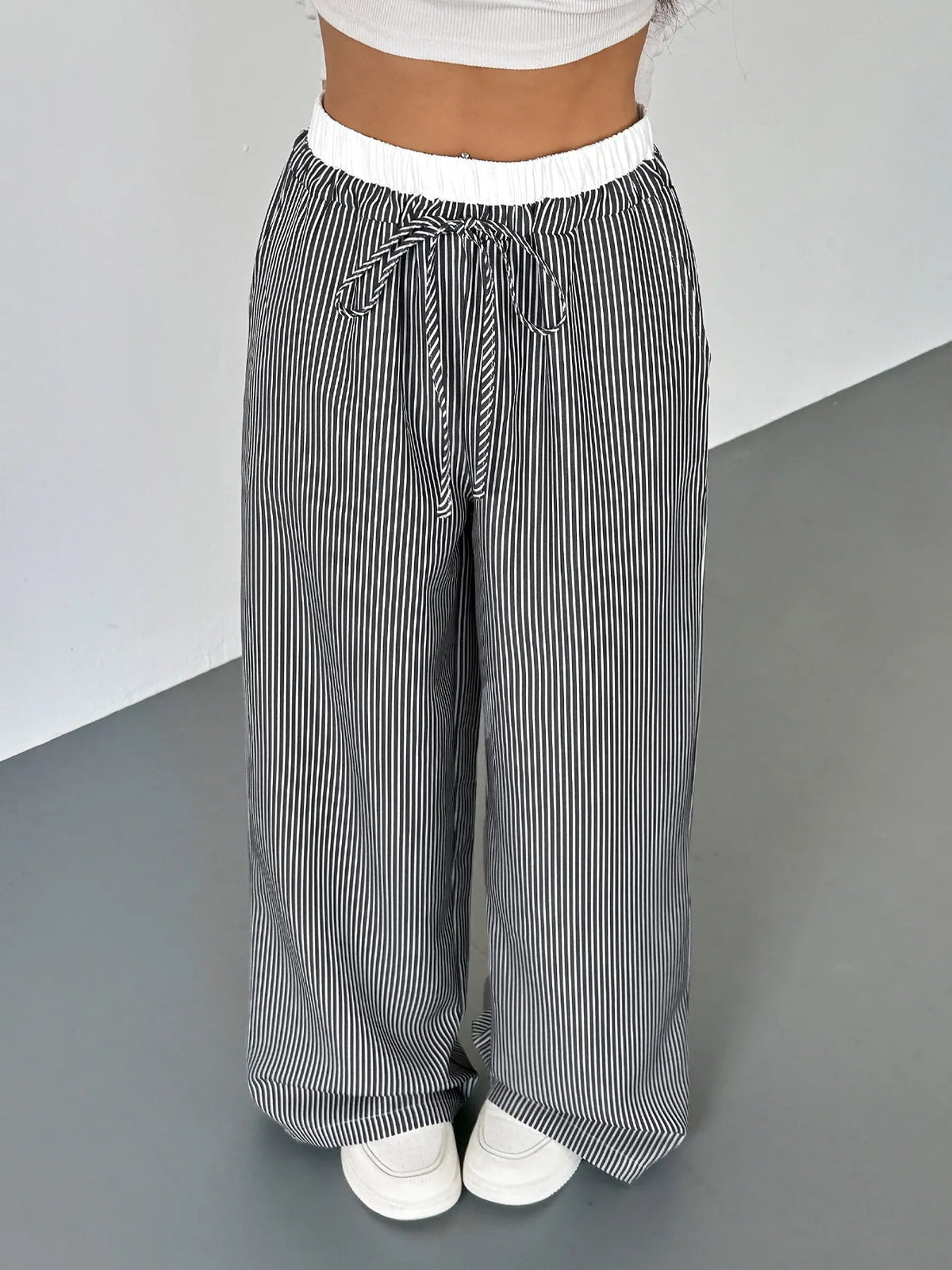 Striped Wide Leg Drawstring Pants - Aura Apparel