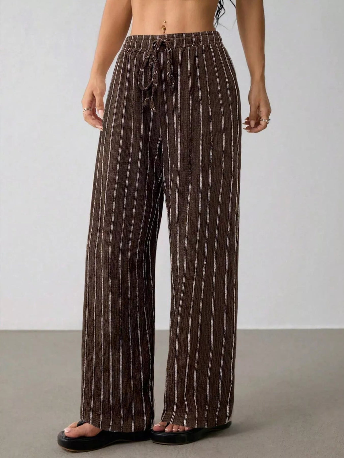 Striped Wide-Leg Drawstring Pants - Aura Apparel